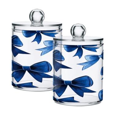 Imagem de ATTX Dispensador de suporte Qtip Blue Bows para bola de algodão, cotonete, frasco de boticário de plástico transparente, pote de armazenamento de cozinha para decoração de casa, pacote com 2 (179)