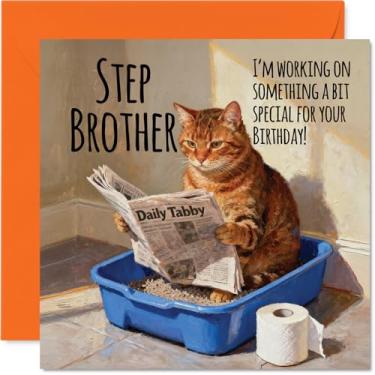 Imagem de Stuff4 Cartão de aniversário Step Brother - Working on Something Special - Cartão de feliz aniversário para irmão de irmã irmão, bandeja de areia engraçada para gatos de 14 cm, cartões comemorativos