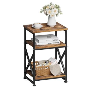 Imagem de Simple Trending Mesa de cabeceira, mesa lateral, mesa de cabeceira de sofá, mesa de cabeceira em forma de X com prateleiras abertas de 3 camadas, para sala de estar, marrom rústico