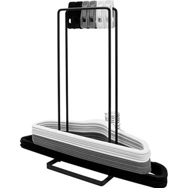 Imagem de Empilhador organizador de cabides, suporte de armazenamento de grande capacidade para armário, lavanderia, 17 x 13 x 38 cm, suporte de armazenamento portátil de metal preto para todos os tipos de