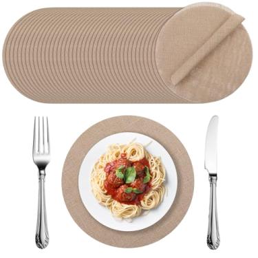 Imagem de PercyEffie Jogo americano redondo conjunto de 4 jogos americanos reutilizáveis de vime de serapilheira marrom natural de juta para tapetes de mesa redondos, tapetes de mesa trançados laváveis para