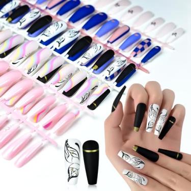 Imagem de 120 peças de unhas postiças longas pré-design rosa preto branco kit de decoração de unhas para arte de unhas DIY, inclui 5 conjuntos de unhas, 5 adesivos de unha, 1 mini lima, 1 bastão de madeira