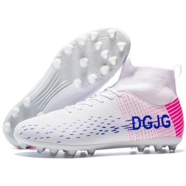 Imagem de DGJG Chuteiras de futebol juvenis masculinas de treinamento chuteiras de futebol leves femininas de cano alto AG, Tacos de Futbol para Hombre, Branco, 11 Women/9.5 Men