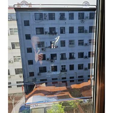 Imagem de uhyOHF Cortina de proteção solar para janela de verão, espelho unidirecional e persianas transparentes, proteção solar azul-prata sem perfuração, cortinas de enrolar com controle de calor, porta de