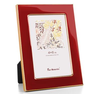 Imagem de Fun Memories Porta-retrato 10 x 15 cm – 1 porta-retrato de vidro esmaltado vermelho com borda de metal dourado e cavalete para exibição em bancadas, mesas, estantes, mesas e paredes (vermelho/dourado)