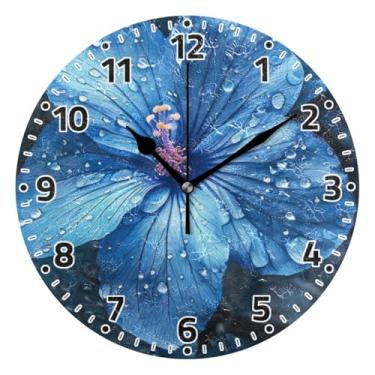 Imagem de WELLDAY Relógio de parede sem tique-taque 25 cm - flor azul operado por bateria relógio redondo silencioso de quartzo para casa/escritório/cozinha/sala de aula