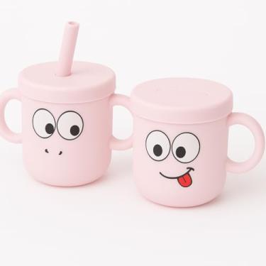 Imagem de Kit 2 Canecas Infantil Com Tampa E Canudo Silicone Design Divertido Carinhas Ideal Para Crianças Que Estão Aprendendo A Segurar Copos Sozinhas (Rosa)