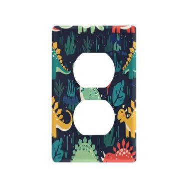 Imagem de Wassud Placa de cobertura para interruptor de luz, desenhos animados, dinossauros, capas de tomada decorativas, placa de parede para tomadas elétricas duplex 12 x 7 cm