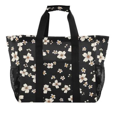 Imagem de Wassud Black Daisies Sacolas de mercearia reutilizáveis grande bolsa organizadora de lona impermeável para praia, piquenique, lavanderia, viagem