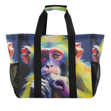 Imagem de Wassud Sacos de mercearia reutilizáveis Monkey grande bolsa organizadora de lona impermeável para praia, piquenique, lavanderia, viagem