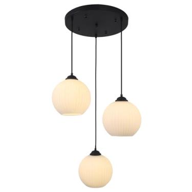 Imagem de Lustre com 3 Globos em Formato de Cluster, Luminária Pendente Preta em Formato de Cluster, Lustre com Vidro Leitoso Canelado, Luminárias Pendentes Brancas Foscas, Luminária Pendente com 3 Gl
