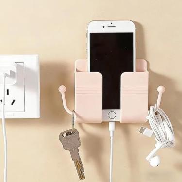 Imagem de 1 peça de suporte de telefone adesivo para parede, suporte de carregamento e controle remoto, bolso multiuso, caixa de armazenamento universal para quarto, cozinha, banheiro, escritório (rosa)