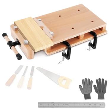 Imagem de Consfly Bancada de trabalho de madeira portátil com régua e 2 braçadeiras, torno de madeira dura para casa e oficinas (50 x 30 cm)