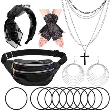 Imagem de Aswitnove 15 Peças De Acessórios Dos Anos 80 Para Mulheres, Conjunto Fantasias Elegantes, Faixa Cabeça Com Laço, Renda, Luvas Rede, Brincos, Colar, Pulseira, Pochete Holográfica, Trajes Festa Tema R