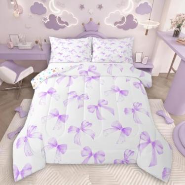 Imagem de Feelyou Conjunto de edredom infantil com laço roxo kawaii, fofo, sonhador, estilo princesa, coquete, nó de laço, edredom para quarto de crianças, meninos, meninas, elegante, feminino, ultramacio