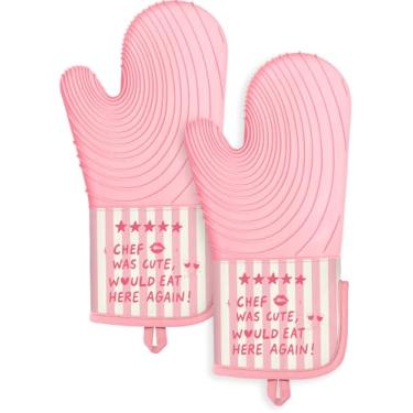 Imagem de Slohif Luvas de forno longas de silicone resistentes ao calor para mulheres - 2 peças de luvas de forno 100% algodão, luvas de forno de silicone antiderrapantes e impermeáveis com gancho para assar e