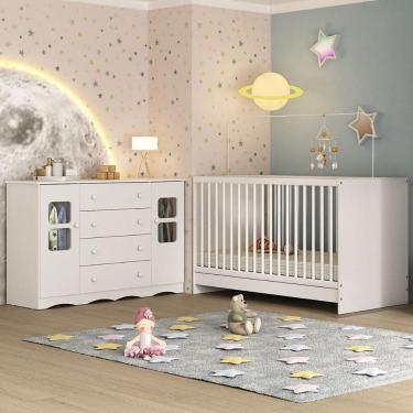 Imagem de Berço 3 Em 1 Para Colchão 130x60cm Com Cômoda 2 Portas 4 Gavetas Serena Multimóveis MP4749 Branco