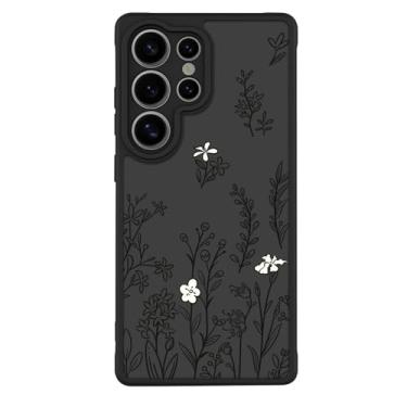 Imagem de Yetagso Capa protetora para Samsung Galaxy S25 Ultra, linda estampa floral preta de flor silvestre elegante para mulheres e meninas, capa protetora à prova de choque de TPU com estampa de padrão