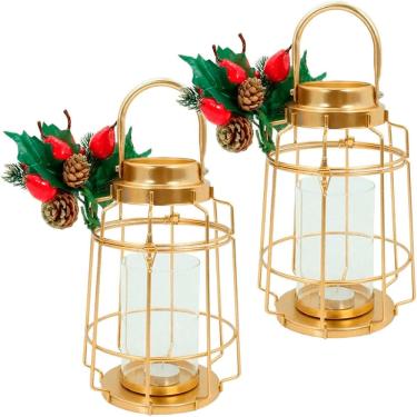 Imagem de Kit 2 Lamparina Natalina Dourada Em Metal Decorativa De 30cm