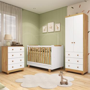 Imagem de Quarto de Bebê Completo com Guarda-roupa 2 Portas Cômoda e Berço 4em1 Minicama em MDF Zuri Móveis Peroba - Branco Brilho/Amendoa