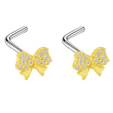 Imagem de Niaspi Anéis de nariz em forma de L com laço de strass de 20 g para mulheres, aço srainless minúsculo laço de nariz, parafusos, piercing de narina, joia fofa (ouro)