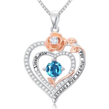 Imagem de WYDDO Colares de coração rosa para mulheres, mãe, pedra do mês de nascimento, pingente, aniversário, Natal, Dia dos Namorados, joias presentes para sua esposa, filha, mãe, One Size, Base, Pedra do mês