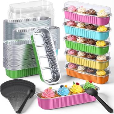 Imagem de Blushtier 540 peças de mini formas de pão com tampas e colheres 193 g formas retangulares de folha de alumínio para assar sobremesas (azul claro, verde claro, laranja, dourado, estilo retangular)