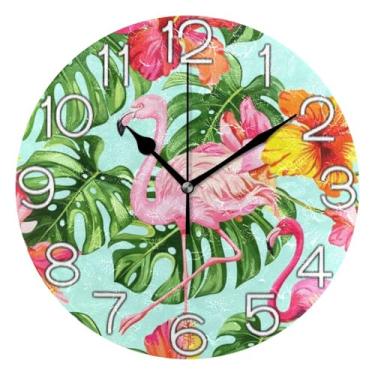 Imagem de GAIGEO Relógio de parede analógico decorativo relógio de cozinha rústico operado por bateria silencioso, arte de decoração moderna de meados do século, flamingos coloridos tropicais, 25 cm, ponteiros