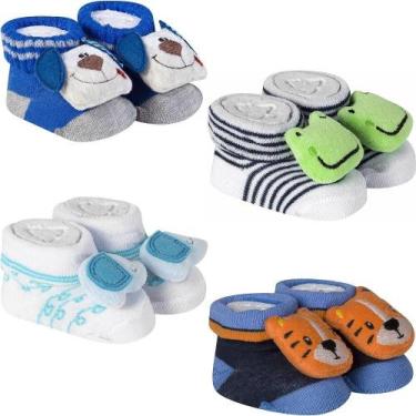 Imagem de Kit 4 Meias Bebê Pantufas Divertidas Recém-Nascido Menino Algodão Maci