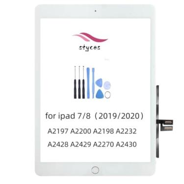 Imagem de STYCES Tela sensível ao toque digitalizador de substituição para iPad 7/8 (2019/2020) A2197 A2198 A2200 A2270 A2428 A2429 A2430, tela de vidro frontal 10,2 polegadas com botão Home, ferramentas fita