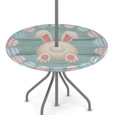 Imagem de Toalha de mesa redonda para uso ao ar livre – toalha de mesa circular de ovos de coelhinho da Páscoa com borda elástica com orifício para guarda-chuva e zíper oculto – capa de mesa à prova d'água para