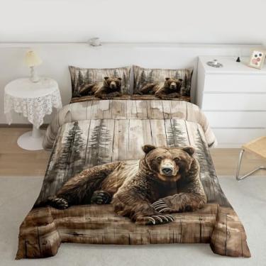 Imagem de Erosebridal Conjunto de edredom Queen com urso marrom, rústico, casa de fazenda, para crianças, meninos, meninas, caça, vida selvagem, floresta e animais selvagens