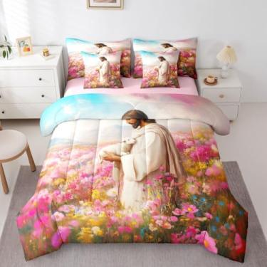 Imagem de Manfei Conjunto de edredom casal de Deus e Cordeiro, The Lost Lamb, flores ocidentais, decoração de arte espiritual crença para crianças todas as estações, rosa (lençol com elástico + 2 fronhas + 2