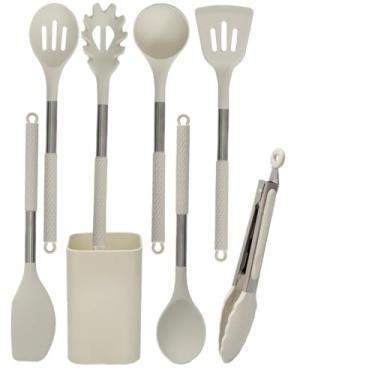 Imagem de Kit 8 Utensílios De Cozinha De Silicone E Aço Inox Grandes Com Balde(Bege)