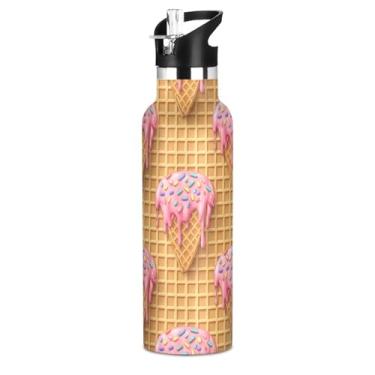 Imagem de Joisal Garrafa de água Waffles Pink Ice Sprinkles com tampa de palha, garrafas de água isoladas de aço inoxidável para crianças e adolescentes, copo de viagem de parede dupla sem BPA de 590 ml