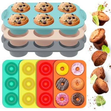 Imagem de 7 formas de silicone para muffin, bandeja antiaderente para 6 xícaras, forma redonda reutilizável de 6,88 cm, acessórios para bolos ingleses, mordidas de ovo, cupcakes