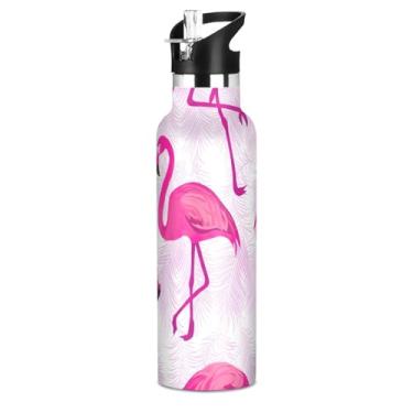 Imagem de Garrafa de água rosa flamingos com folhas tropicais para meninas e crianças, garrafas de água de aço inoxidável, com isolamento de parede, copos de viagem isolados para crianças com tampa de canudo