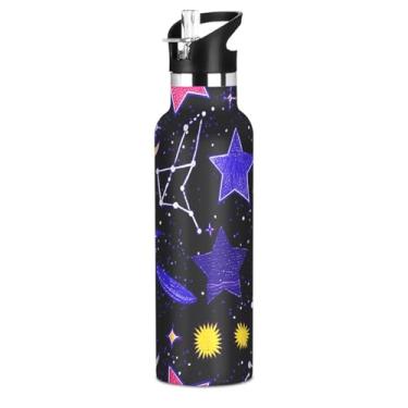 Imagem de Garrafas de água de aço inoxidável de 590 ml com tampa e alça de palha, garrafa de água a vácuo de parede dupla para meninos, copo de viagem isolado sem BPA, desenho animado preto com estrelas