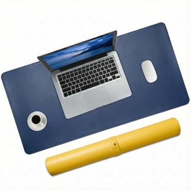 Imagem de Mouse pad grande de couro PU dupla face, tapete de mesa de computador antiderrapante, impermeável, fácil de limpar, adequado para escritórios e escritórios em casa (azul marinho e amarelo, 80 × 40 cm)
