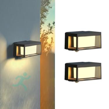 Imagem de GZZBMY LED Candeeiro solar exterior IP65 impermeável apliques de parede com sensor de movimento moderno exterior iluminação de parede para jardim, terraço, corredor escadas (luz quente preta, 2 peças)