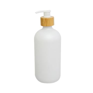 Imagem de Porta Sabonete Líquido de Vidro 500ml com Gola de Bambu – Sofisticação e Sustentabilidade (Branco)