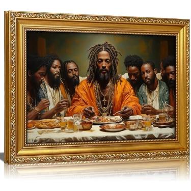 Imagem de Arte de parede em tela de Jesus preto emoldurado em ouro vintage moderno afro-americano A última ceia pintura de parede decoração de parede homem negro cristão impressão arte para cozinha, sala de