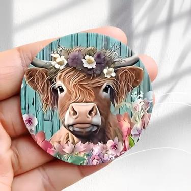 Imagem de Ímã de geladeira vintage vaca highland com design de coroa de flores - adesivo redondo de acrílico para geladeira de 5,8 cm, presente de decoração retrô, tamanho perfeito para geladeira, armário ou