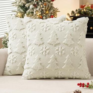 Imagem de MIULEE Capas de almofada decorativas para árvore de Natal e flocos de neve, 45,7 x 45,7 cm, conjunto de 2 fronhas de lã sintética de pelúcia branca creme, decoração de casa, almofadas para sofá, cama