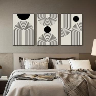 Imagem de SAFERRYHOME Arte de parede abstrata boho, 3 peças de tela emoldurada moderna de meados do século, impressão de pintura de arte preta bege neutra para sala de estar, quarto, escritório, 61 cm x 91 cm