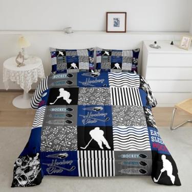 Imagem de Feelyou Jogo de cama com edredom de hóquei no gelo, tamanho Queen, jogador de hóquei, ultramacio, azul e cinza, tema esportivo, decoração de quarto, amantes de esportes