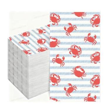 Imagem de AnyDesign Guardanapos de papel para convidados de caranguejo toalhas de mão descartáveis listradas brancas azuis para férias de verão festa de frutos do mar aniversário chá de bebê piquenique