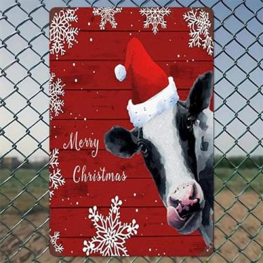 Imagem de Feliz Natal vaca chapéu de Papai Noel decorações de Natal arte de parede de alumínio rústico e placa de metal - 20 x 30 cm decoração vintage interior exterior para casa, escritório, café, quintal e