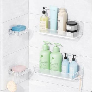 Imagem de Sotfamily Suportes de chuveiro, suporte de chuveiro transparente, sem broca, prateleiras de chuveiro montadas na parede com saboneteira e almofadas adesivas