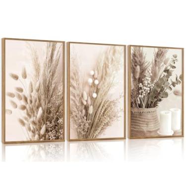 Imagem de IARTTOP Arte de parede em tela botânica floral bege neutra emoldurada, boho pampas flores secas decoração de parede, arte moderna minimalista de plantas naturais para casa de fazenda para sala de